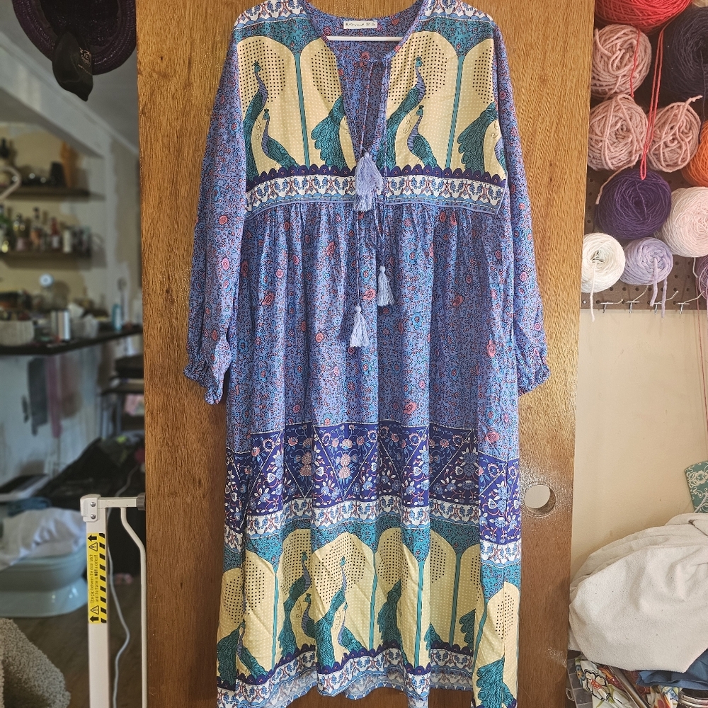 R. Vivimos Peacock Print Boho Midi Dress